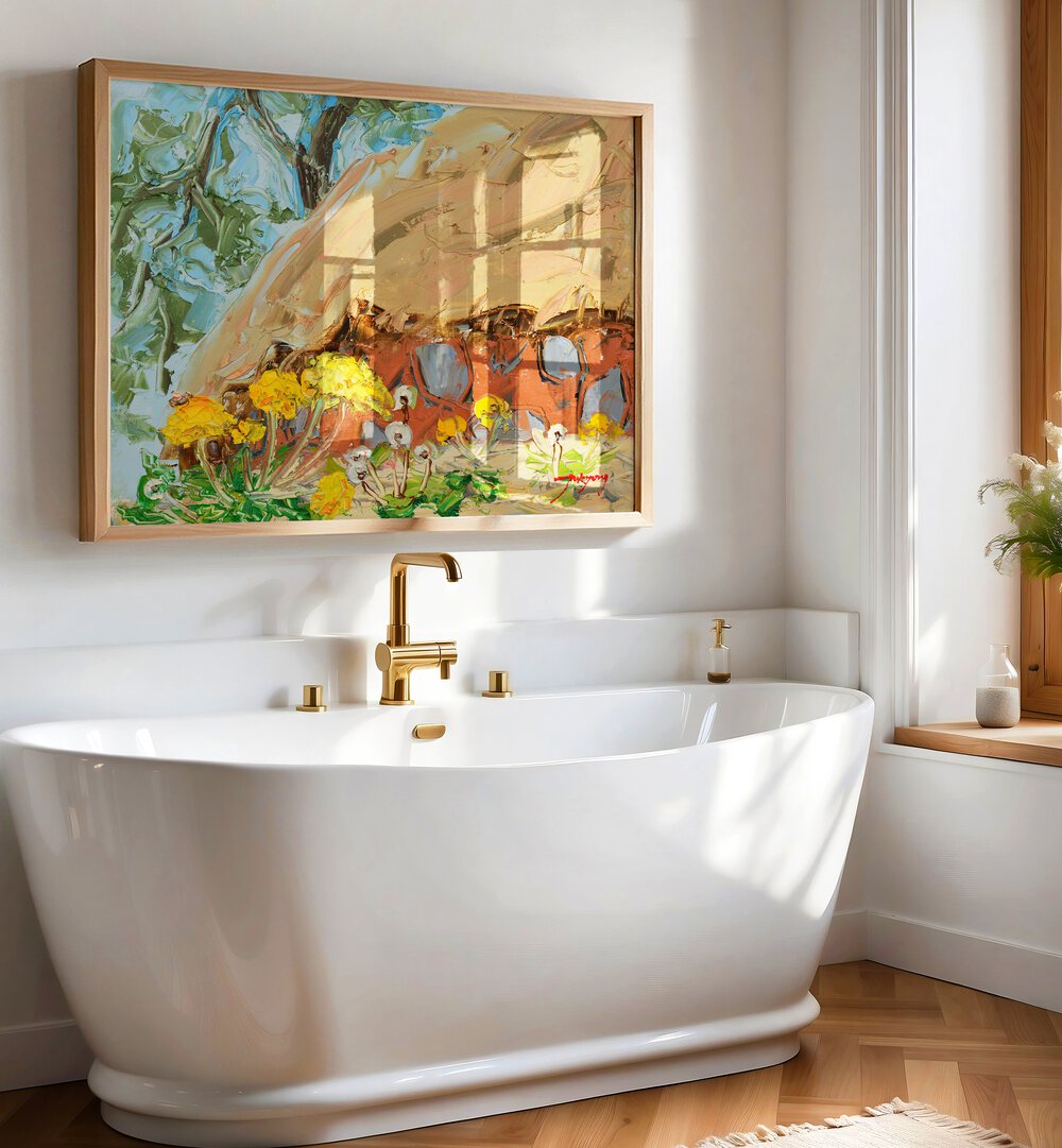 Brighten your space with DANDELION CANVAS, FLORAL FLOWER PAINTINGS, perfect for a stylish bathroom decor.