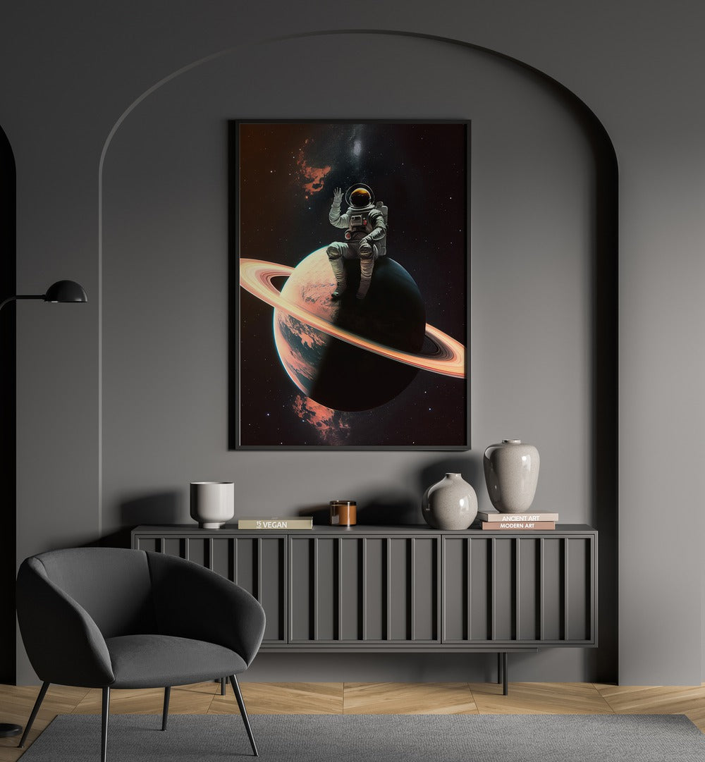 Transform your space with MY SPACE SAFE, ALTERED ART PRINTS featuring a whimsical astronaut on a vibrant planet.