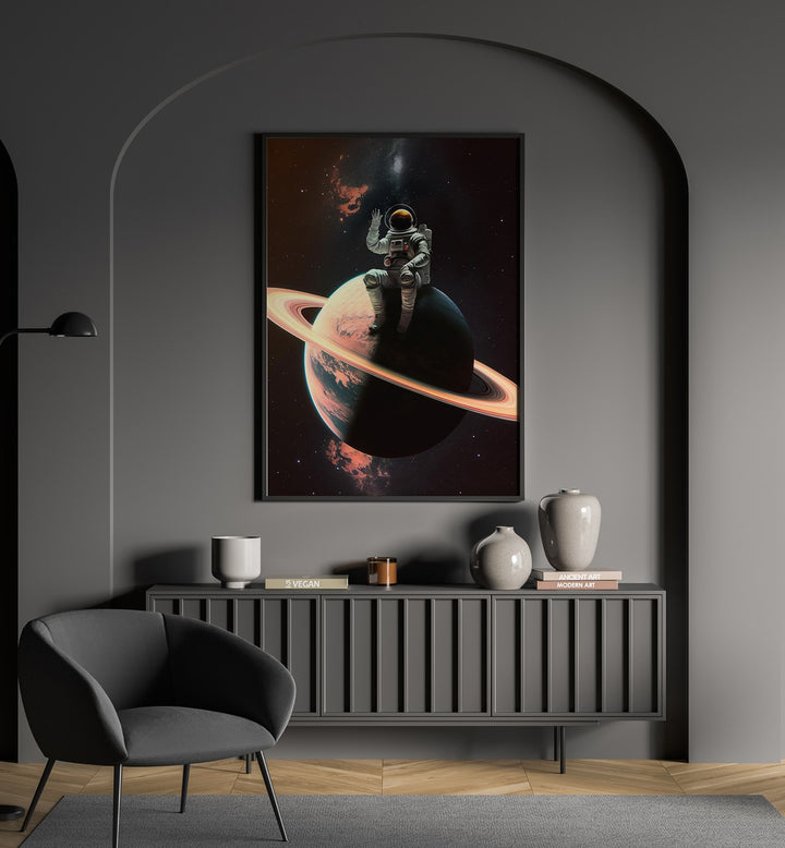 Transform your space with MY SPACE SAFE, ALTERED ART PRINTS featuring a whimsical astronaut on a vibrant planet.