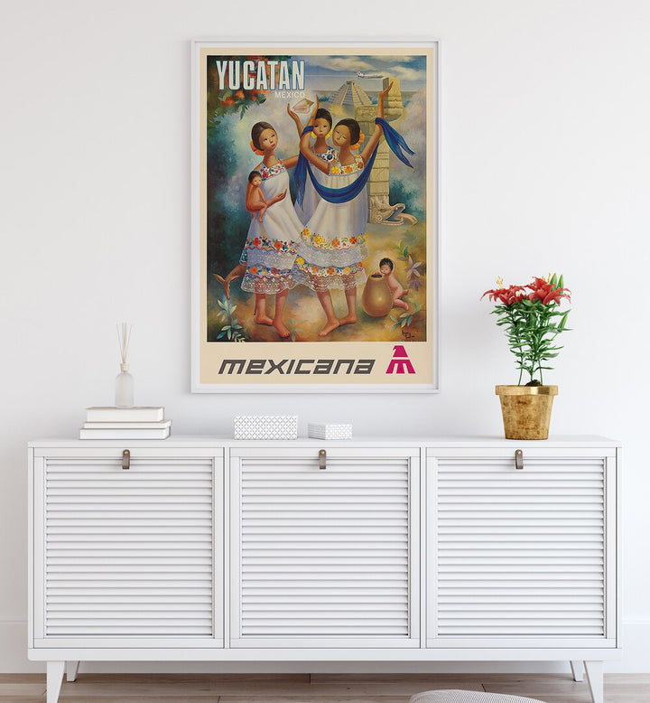 Vibrant MEXICANA YUCATAN, VINTAGE TRAVEL POSTERS showcasing the culture and landscapes of Mexico’s Yucatan Peninsula.