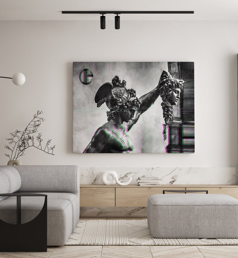 Striking PERSEUS HEAD OF MEDUSA, ALTERED ART PRINTS by Underdott, perfect for enhancing your decor with mythological art.