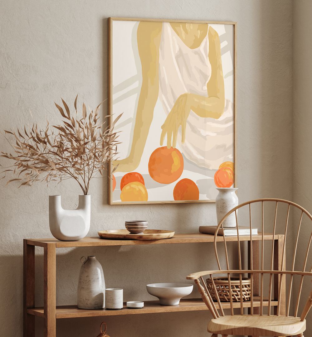 Vibrant TANGERINE GRACE, PORTRAITS artwork showcasing citrus elegance in a stylish interior setting.