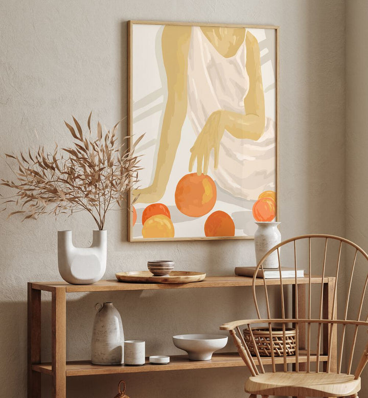 Vibrant TANGERINE GRACE, PORTRAITS artwork showcasing citrus elegance in a stylish interior setting.