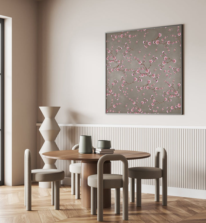 Stylish dining area featuring SAKURA BEIGE, FLORAL FLOWER PAINTINGS, enhancing the beauty of the space with elegance.
