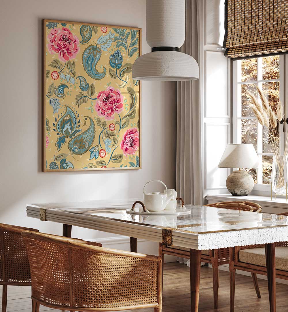 Bright and colorful PAISLEY I, PATTERN ART PRINTS enhance modern interiors with intricate floral designs.