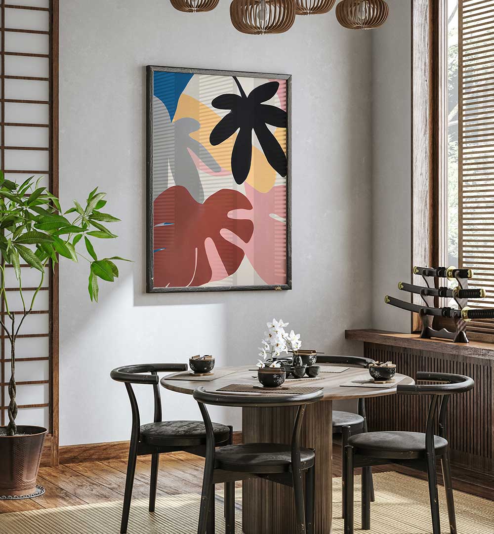 JUNGLE VIBES, FLORAL FLOWER PAINTINGS featuring bold abstract leaves in a modern dining space by Artisera.