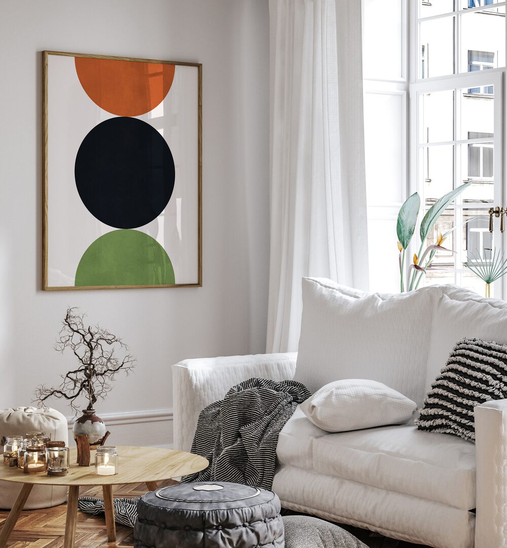 Stylish living room featuring LINES AND CIRCLES XXVIII, GEOMETRIC ART PRINTS, enhancing modern decor with vibrant colors.