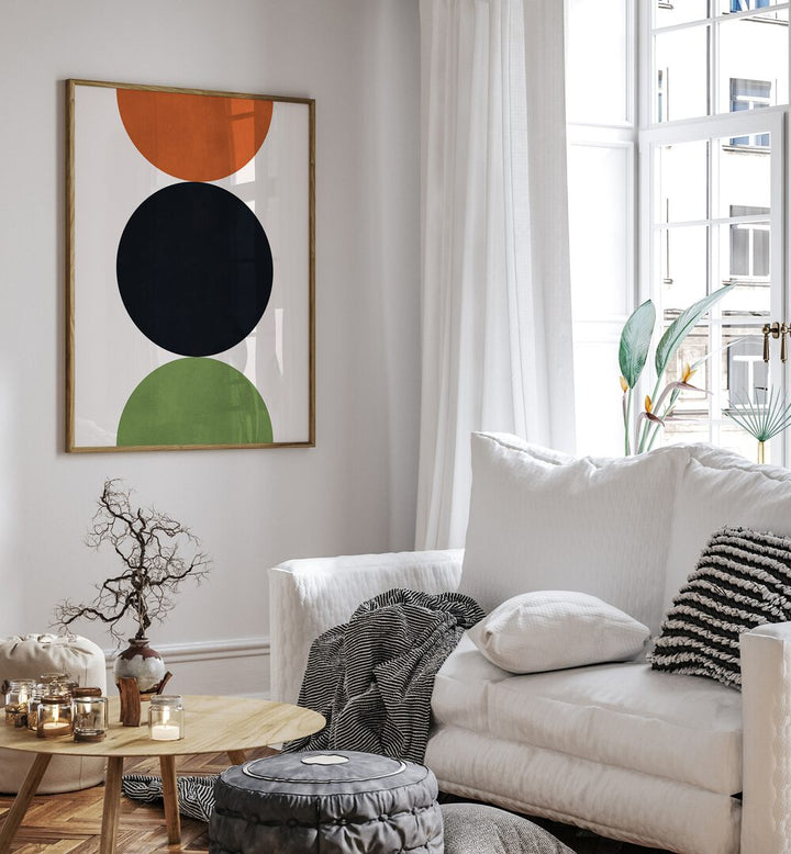 Stylish living room featuring LINES AND CIRCLES XXVIII, GEOMETRIC ART PRINTS, enhancing modern decor with vibrant colors.