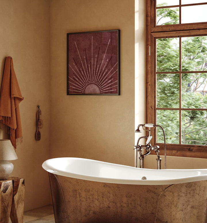 Stylish bathroom featuring VISNE UP SUN, BOHO ART PAINTINGS by Emel Tunaboylu, enhancing the serene decor.