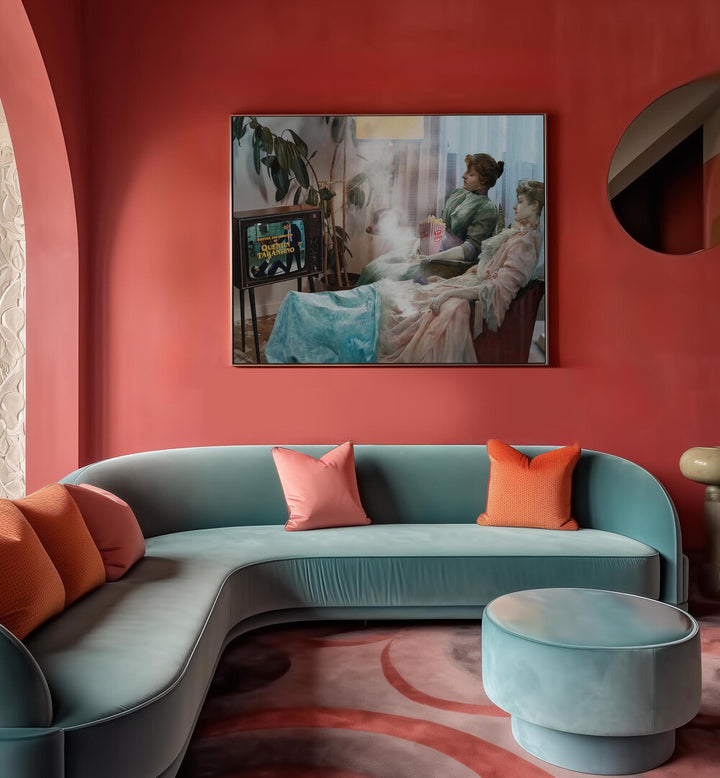 Stylish living room featuring THE MOVIE BEGINS, ALTERED ART PRINTS by Dikhotomy, blending art and storytelling beautifully.