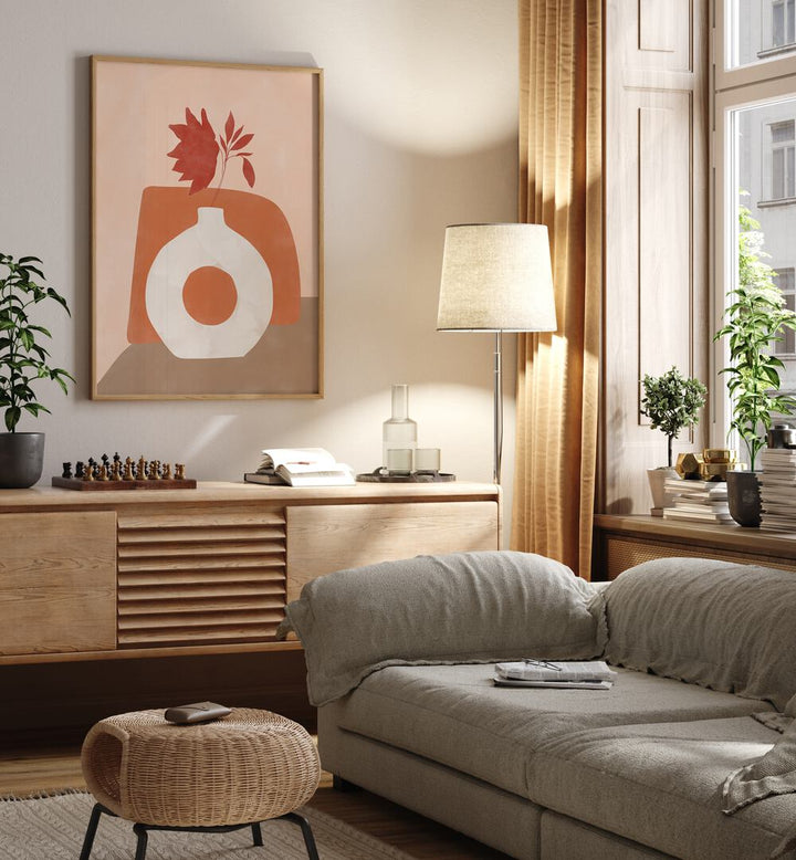 Stylish living room featuring the WHITE FLOWER POT, BOHO ART PAINTINGS by Elena Ristova for modern decor enhancement.