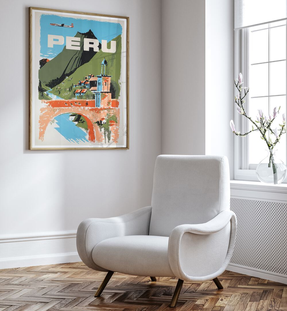 Vibrant PERU, VINTAGE TRAVEL POSTERS adorn a stylish room, showcasing the beauty of this South American gem.