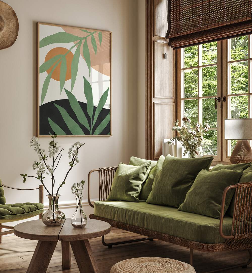 Vibrant TROPICAL IV, BOHO ART PAINTINGS enhancing a cozy living space with natural elements and soothing colors.