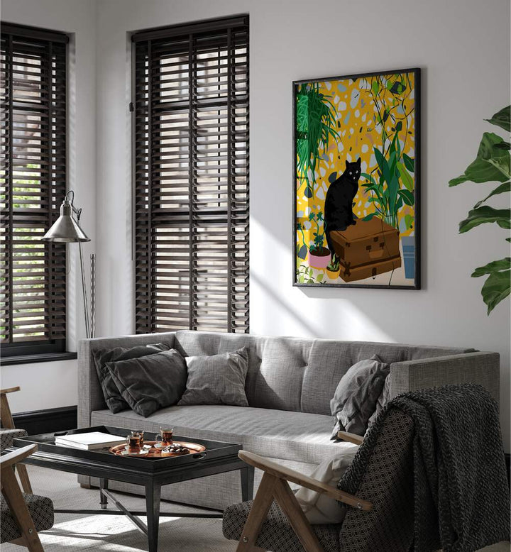 Stylish living room featuring URBAN JUNGLE CAT, ANIMAL PAINTINGS by Uma Gokhale, adding vibrant energy to the space.