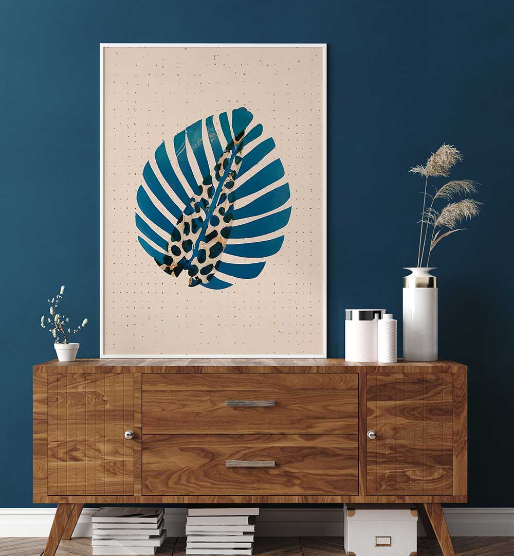 LEOPALM , FLORAL FLOWER PAINTINGS featuring a modern blue and leopard print leaf design in a stylish living room setting