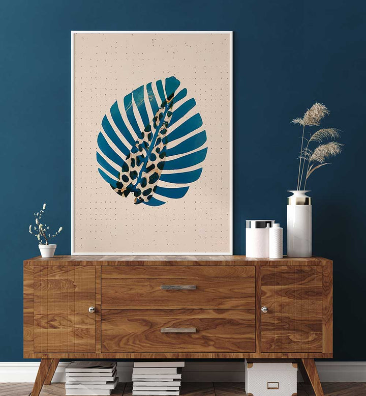 LEOPALM , FLORAL FLOWER PAINTINGS featuring a modern blue and leopard print leaf design in a stylish living room setting