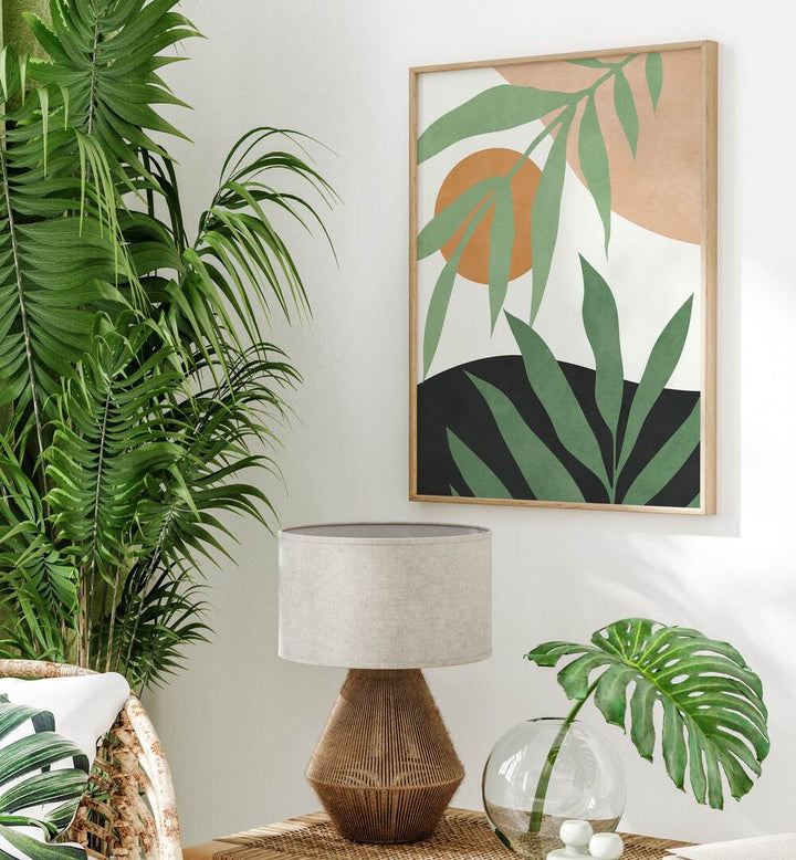 Vibrant TROPICAL IV, BOHO ART PAINTINGS adorn a stylish living space, showcasing lush greenery and modern design.