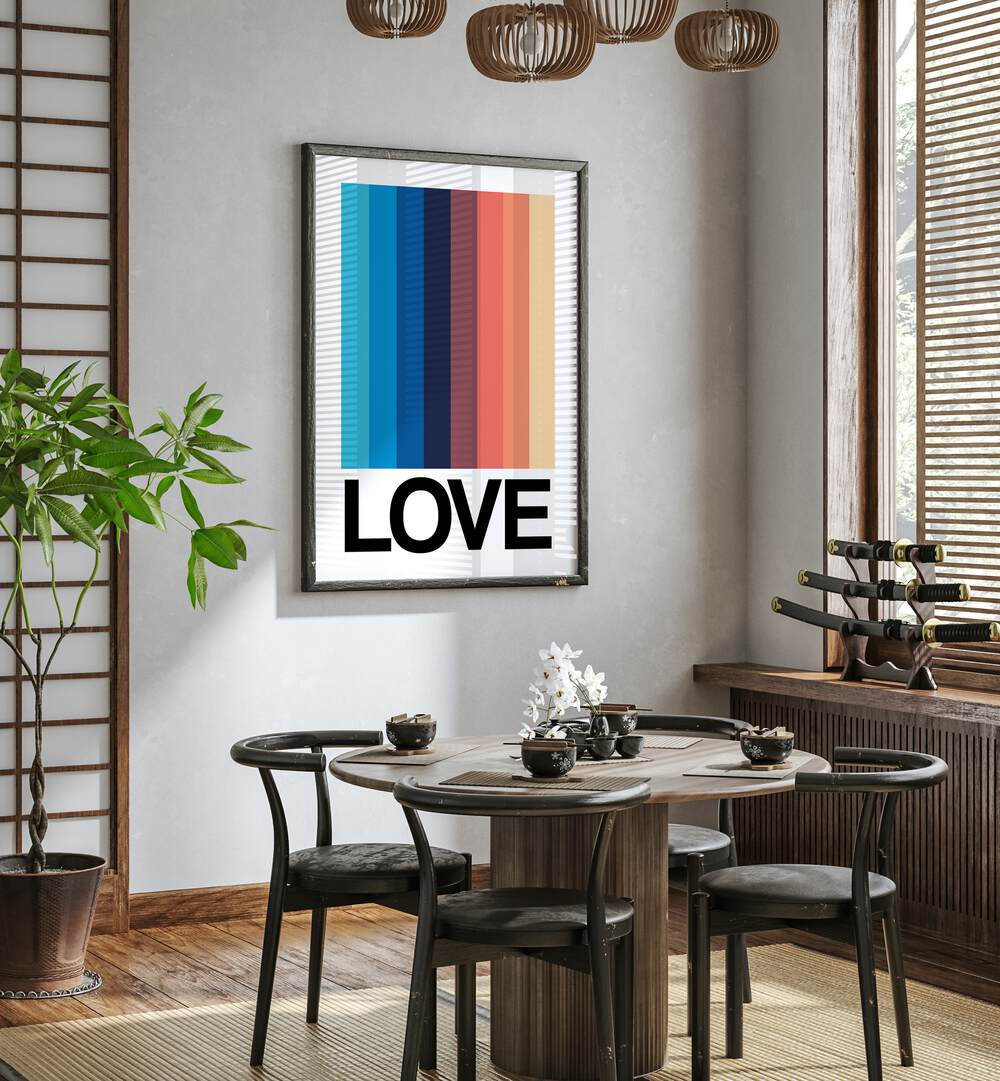 MIRROR STRIPE LOVE, QUOTES poster enhancing modern décor in a stylish home setting with vibrant colors.