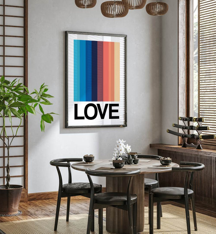 MIRROR STRIPE LOVE, QUOTES poster enhancing modern décor in a stylish home setting with vibrant colors.