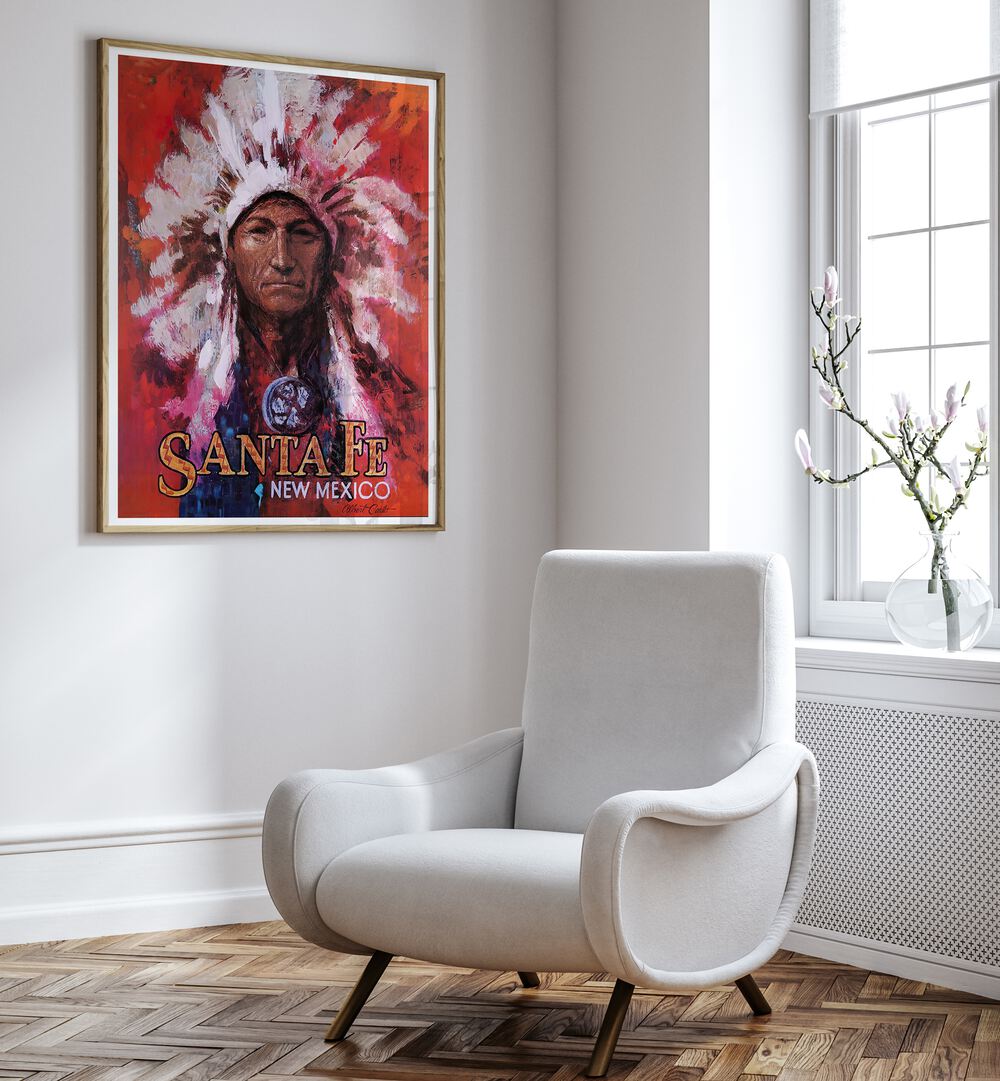 Stunning SANTAFE NEW MEXICO, VINTAGE TRAVEL POSTERS displayed in a modern room, adding artful nostalgia to the decor.