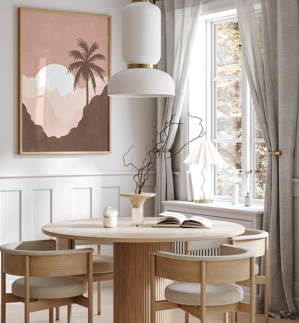 Elegant dining space featuring SUNSET, LANDSCAPE PAINTINGS by Elena Ristova, perfect for enhancing your home decor.