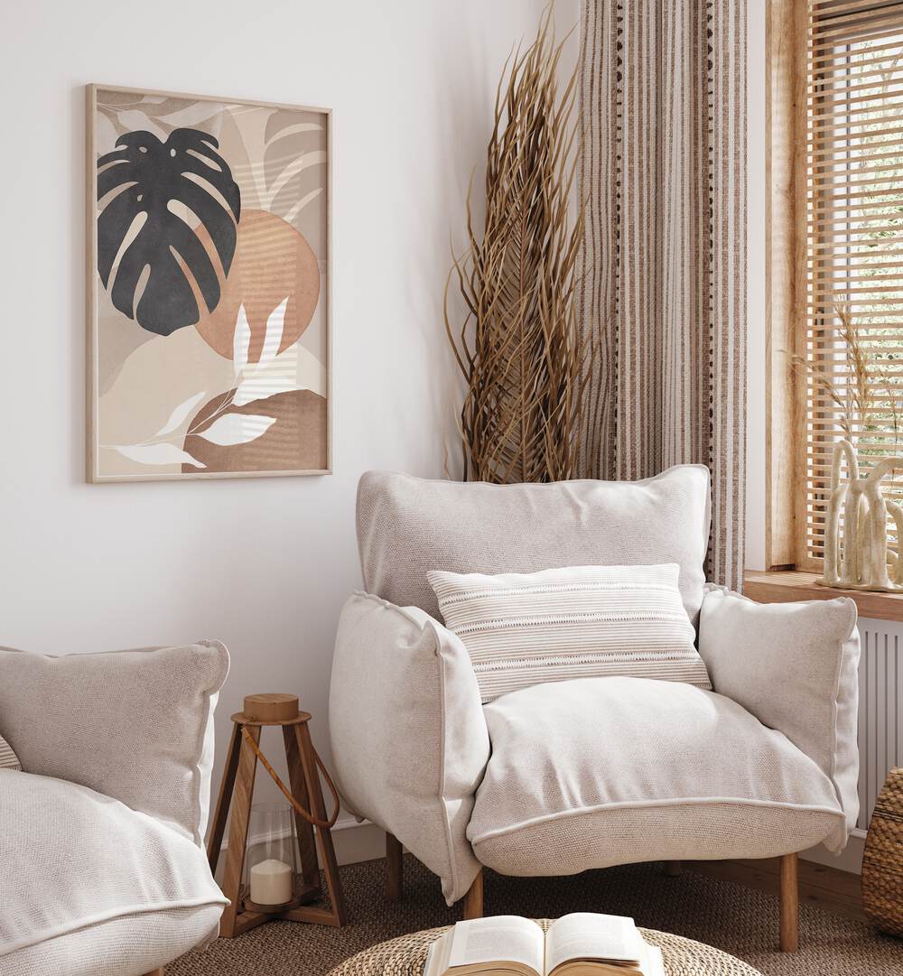 Stylish LEAVES ABSTARCT IV, BOHO ART PAINTINGS enhancing a cozy corner with modern elegance and natural elements.