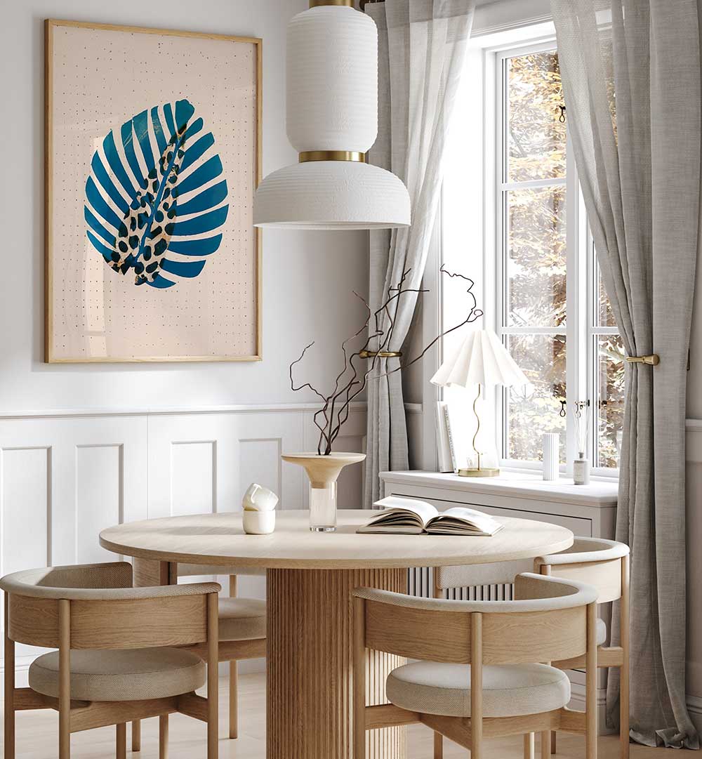 LEOPALM , FLORAL FLOWER PAINTINGS featuring a modern blue leaf design enhancing a stylish dining room ambiance