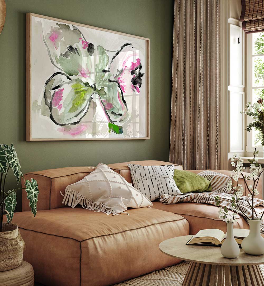 Vibrant PURPLE VIOLET PINK II, FLORAL FLOWER PAINTINGS enhancing a cozy living room decor. Perfect for any space.