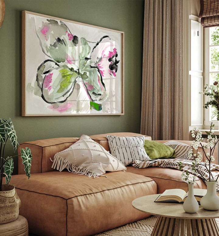 Vibrant PURPLE VIOLET PINK II, FLORAL FLOWER PAINTINGS enhancing a cozy living room decor. Perfect for any space.