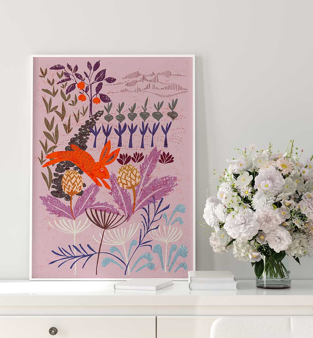 Vibrant ARTICHOKE THIEF, FLORAL FLOWER PAINTINGS adorn a modern space with colorful abstract blooms and greenery.