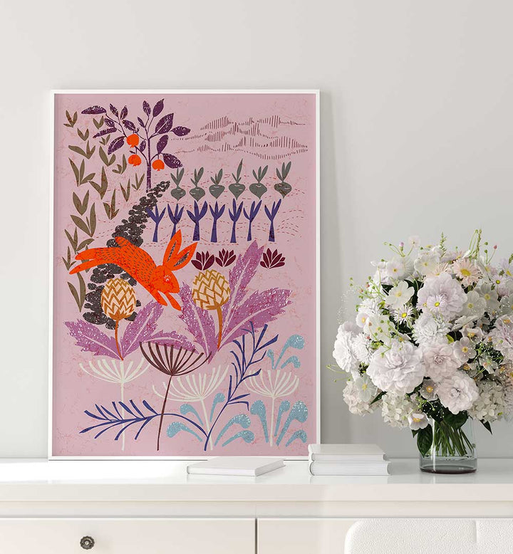 Vibrant ARTICHOKE THIEF, FLORAL FLOWER PAINTINGS adorn a modern space with colorful abstract blooms and greenery.