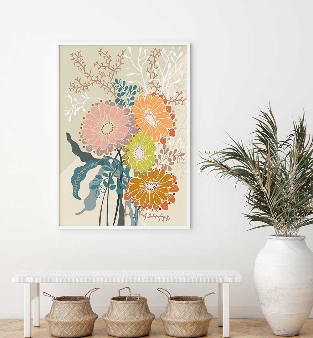 Vibrant SPRINGTIME I, FLORAL FLOWER PAINTINGS brighten any space with their colorful floral designs and bold brushstrokes.