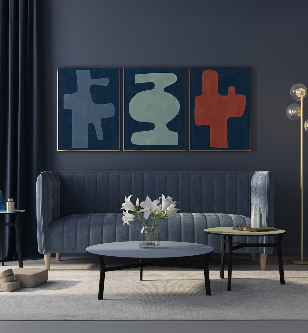 Elegant SCARLET HARMONY TRIO SET, SET OF 3 PAINTINGS enhances modern decor with vibrant colors and unique designs.