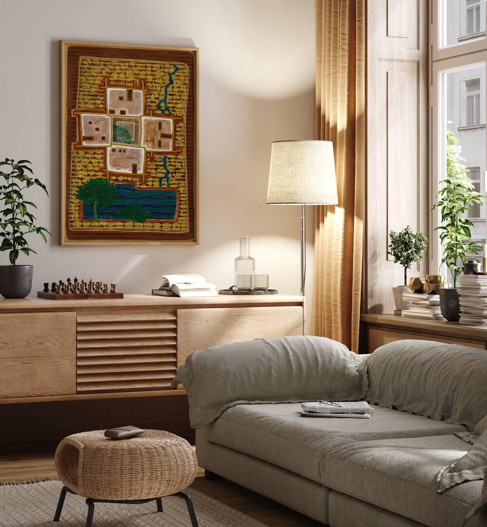 A cozy living room featuring "A SHADOWY CORNER, LANDSCAPE PAINTINGS" beautifully displayed above modern furnishings.