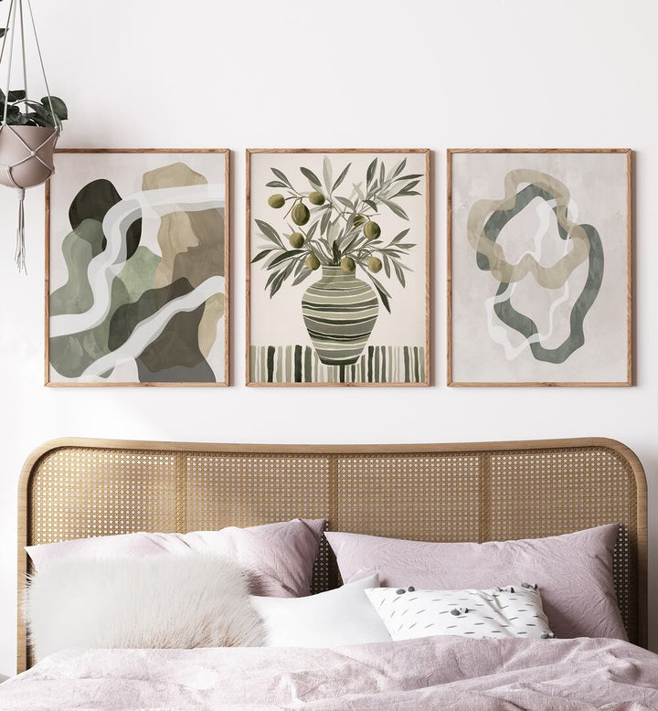 Transform your space with the OLIVE ESSENCE, SET OF 3 PAINTINGS, showcasing elegant olive-inspired artistry.