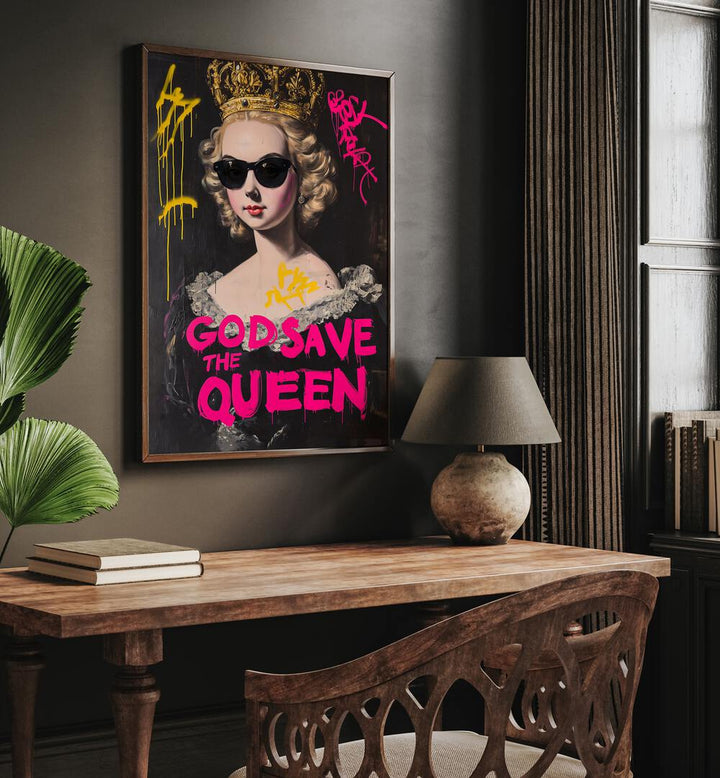 Stylish living room featuring GOD SAVE THE QUEEN, ALTERED ART PRINTS, adding bold elegance to your space.