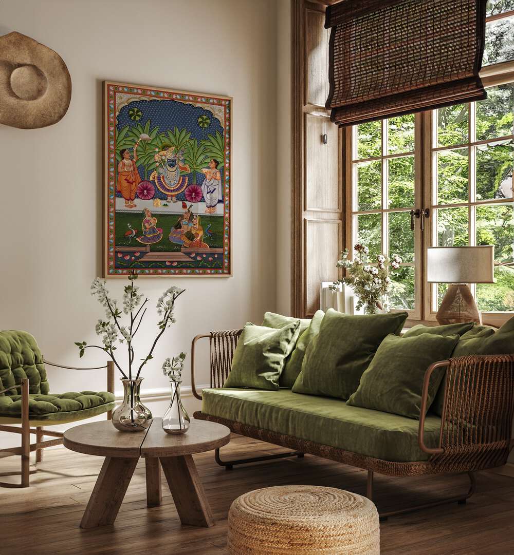 Vibrant PICHWAI, INDIAN ART PAINTINGS adorn a cozy living space, showcasing rich tradition and spirituality.