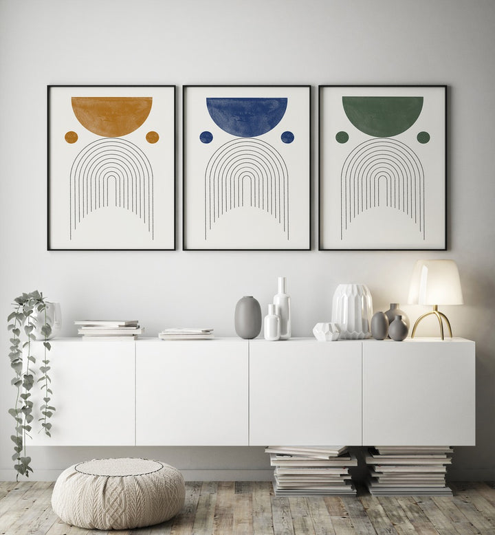 Transform your space with the GEOMETRIC PASTEL SERENADE SET, SET OF 3 PAINTINGS featuring modern pastel designs.