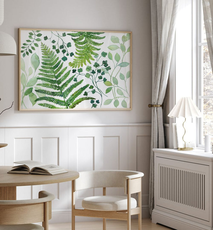 LUSH GREENERY DREAMS, FLORAL FLOWER PAINTINGS adorn a bright room, enhancing its natural beauty and serenity.