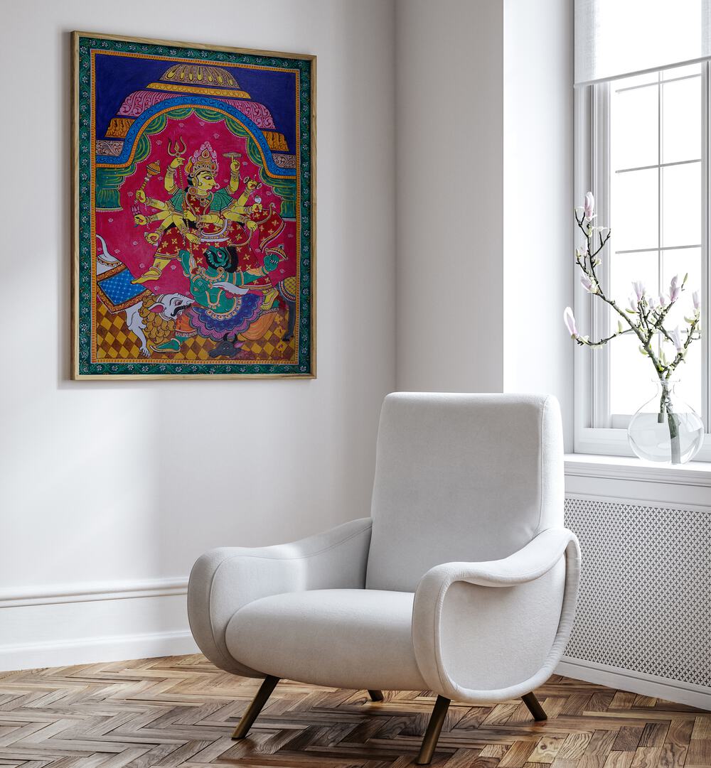 Vibrant GODDESS DURGA, INDIAN ART PAINTINGS showcasing divine strength and grace in a stunning interior setting.