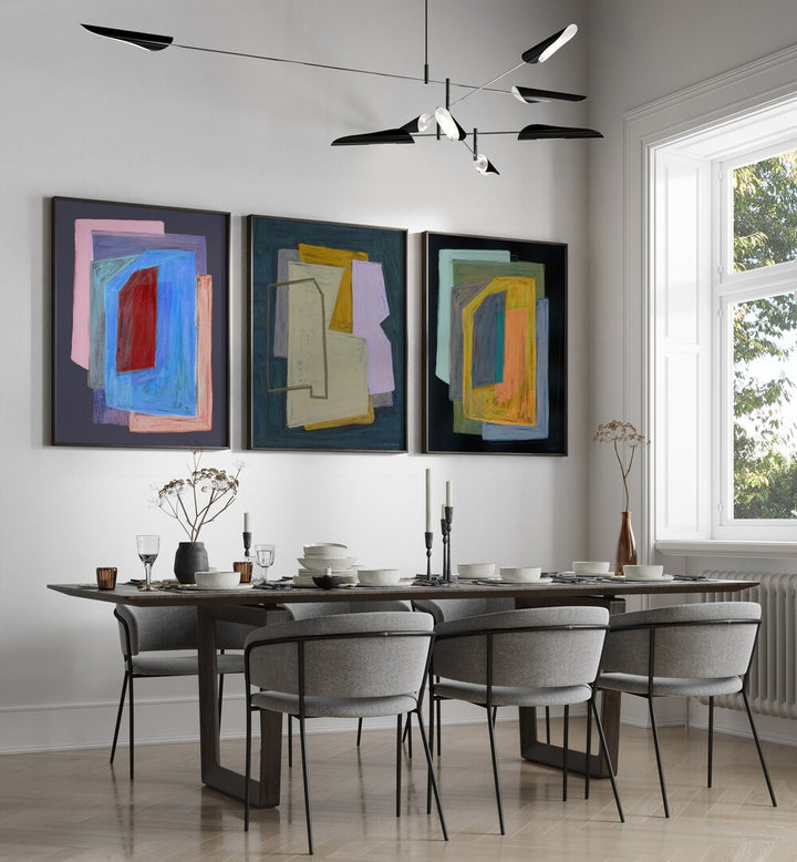 Elevate your decor with the LAYERED ABSTRACT DIMENSIONS SET, SET OF 3 PAINTINGS, showcasing vibrant modern art.
