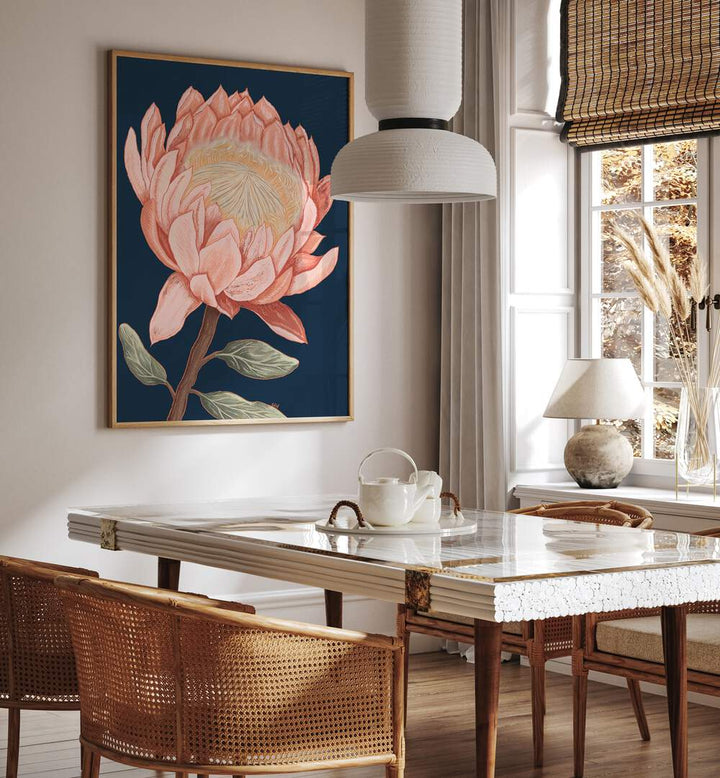 Vibrant ECHO OF THE FYNBOS, FLORAL FLOWER PAINTINGS adorn a stylish dining area, enhancing natural beauty in decor.