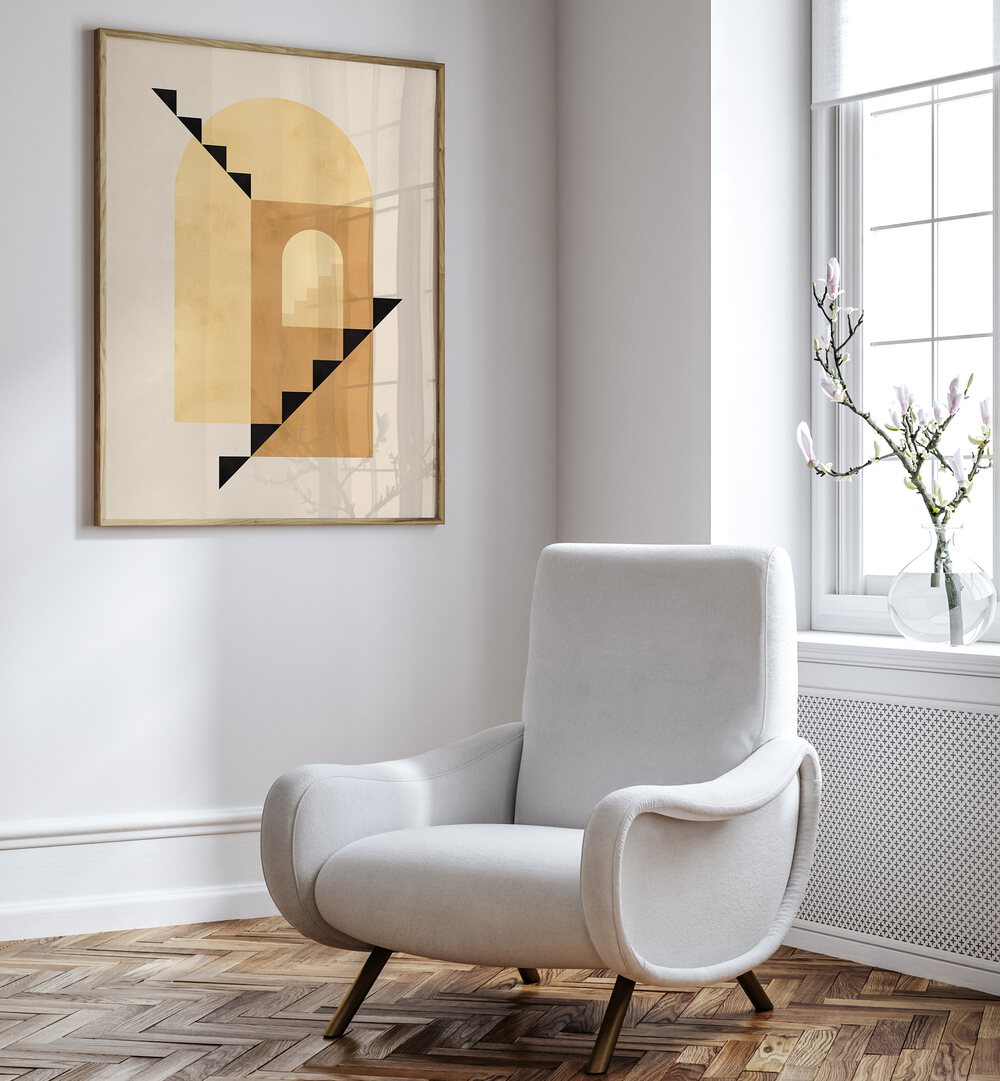 Modern living room featuring COMPOSITION II, BOHO ART PAINTINGS, showcasing geometric patterns and vibrant colors.