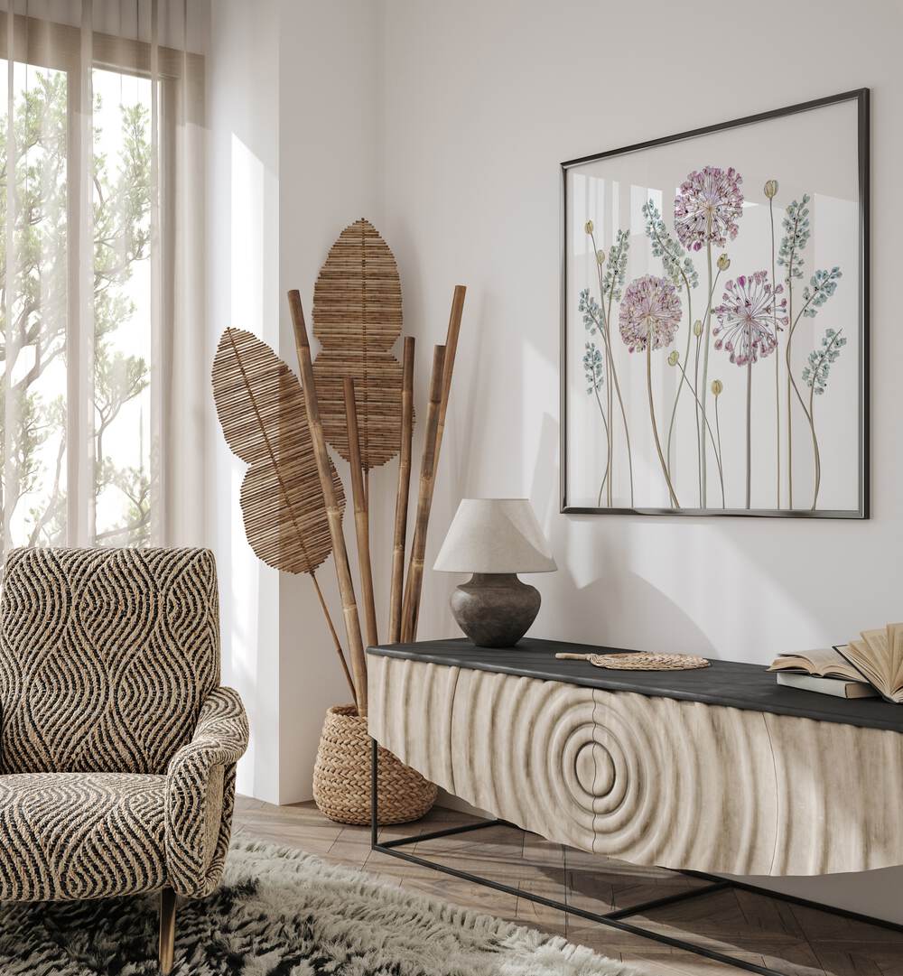 Elegant living room featuring ALLIUM II, FLORAL FLOWER PAINTINGS, enhancing home décor with charm and style.