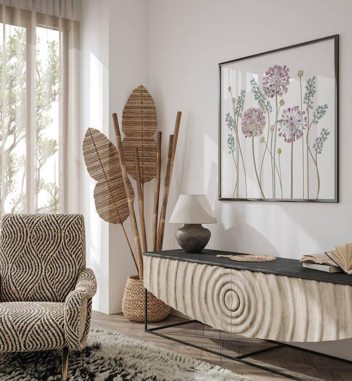 Elegant living room featuring ALLIUM II, FLORAL FLOWER PAINTINGS, enhancing home décor with charm and style.