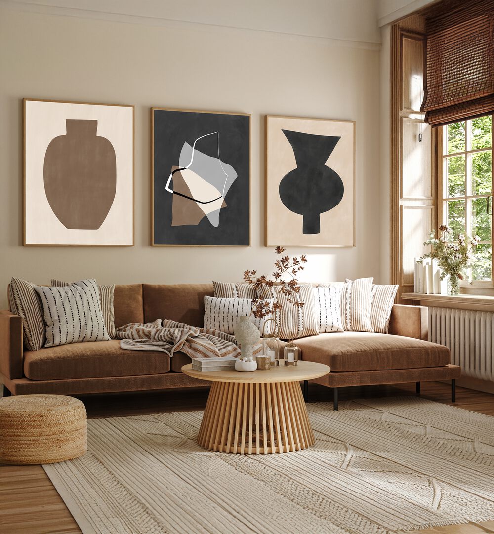Transform your home with the EARTHEN ELEGANCE SET, SET OF 3 PAINTINGS featuring earthy tones and organic forms.