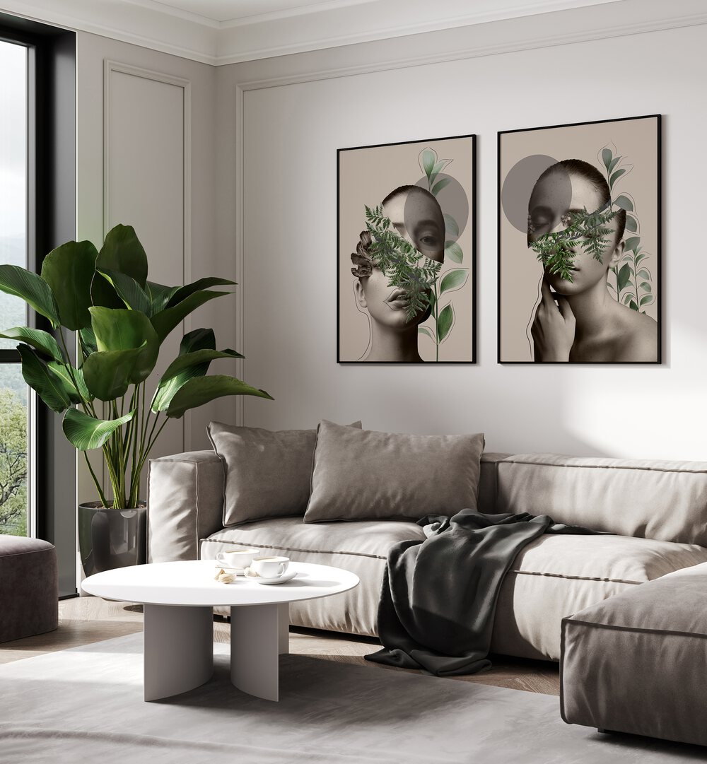 Stylish living room featuring the FLORA VEILED FACES SET, SET OF 2 PAINTINGS, blending nature and elegance.