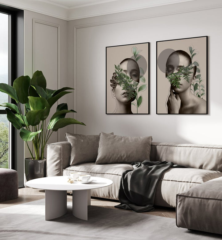 Stylish living room featuring the FLORA VEILED FACES SET, SET OF 2 PAINTINGS, blending nature and elegance.