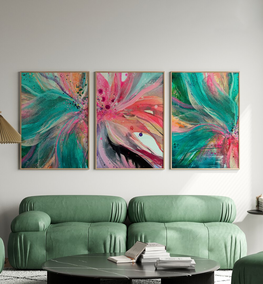 Brighten your space with the VIBRANT COLOUR FLORA SET, SET OF 3 PAINTINGS, showcasing stunning floral art.
