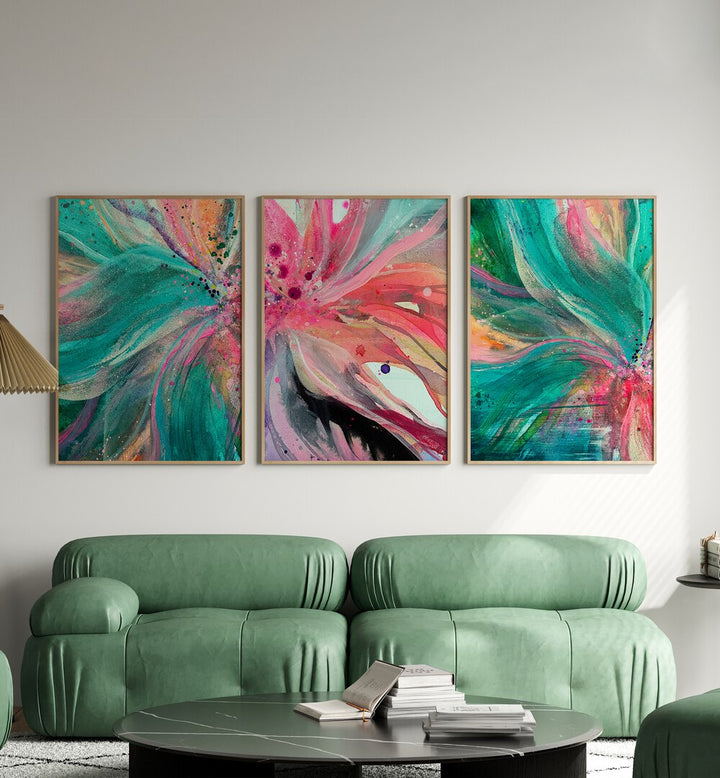 Brighten your space with the VIBRANT COLOUR FLORA SET, SET OF 3 PAINTINGS, showcasing stunning floral art.